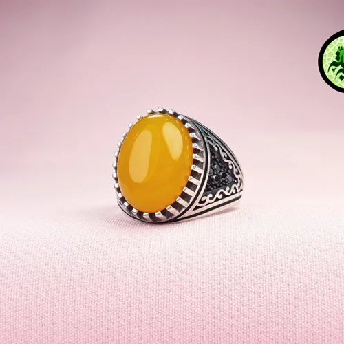 انگشترنقره عقیق زرد شرف الشمس اصل(دعای شرف الشمس)اسپرت سایز نگین ۱۲×۱۶