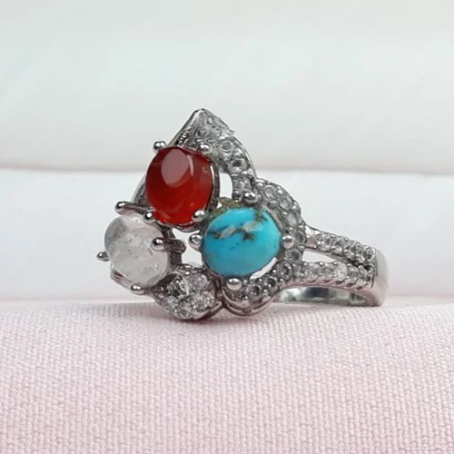 انگشترنقره زنانه سه نگین عقیق ودرنجف و فیروزه نیشابوری اصل