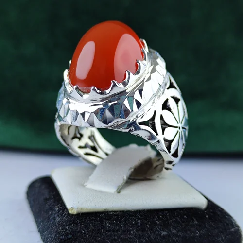 انگشتر نقره عقیق یمنی اصل دامله تراش  رکاب فیلی چنگی دست ساز  شبکه و آینه کاری شده