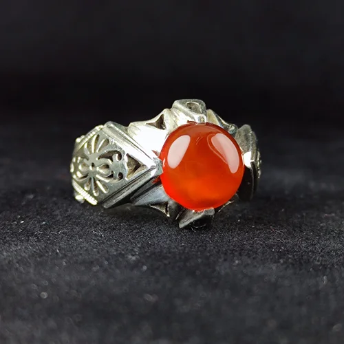 انگشتر نقره عقیق یمنی اصلی تراش گرد رکاب چهار چنگ دست ساز