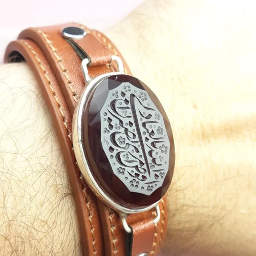 دستبند چرمی عقیق کبدی خطی تراش الماسی حکاکی و افول امری ...