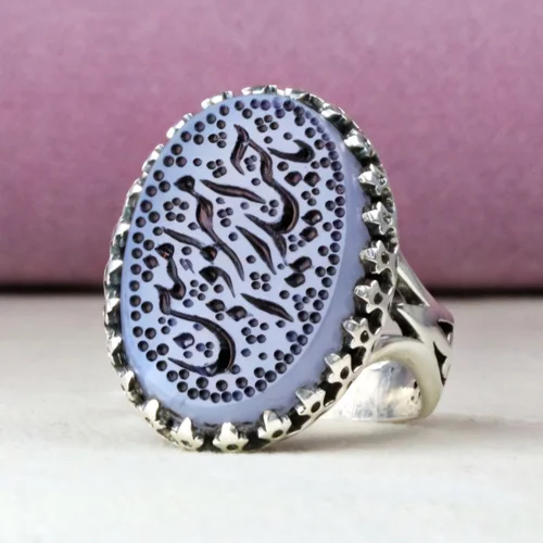 انگشتر نقره عقیق کبود یمنی اصل خطی حکاکی حیدر امیرالمومنین