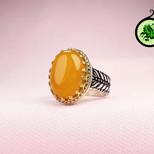 انگشترنقره عقیق زرد شرف الشمس اصل(دعای شرف الشمس)سایز ۱۳ در ۱۸ بغل طرح گندم