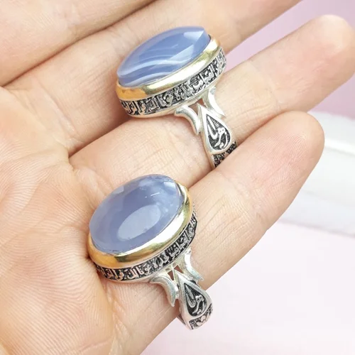 ست انگشتر نقره عقیق کبود یمنی اصل تاج برنجی