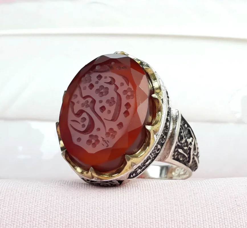 انگشتر نقره عقیق کبدی خراسانی خطی حکاکی حکاکی یا زینب کبری تراش الماسی