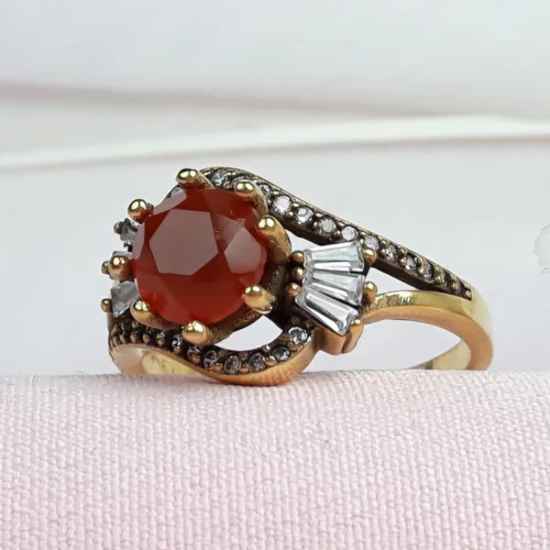 انگشتر نقره عقیق سرخ یمنی اصل زنانه آبکاری طلایی