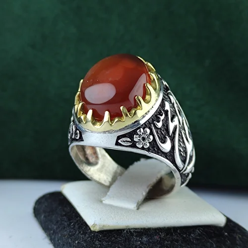 انگشتر نقره عقیق یمنی اصل  رکاب فیلی چنگی طرح قلمزنی