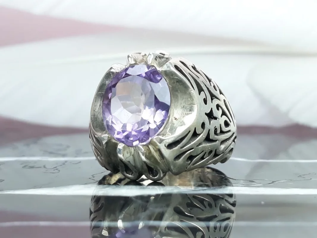 انگشتر نقره آماتیس بنفش رکاب دست ساز