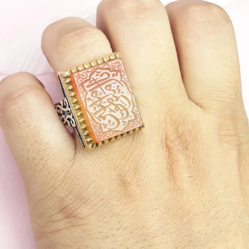 انگشترنقره عقیق پرتقالی یمنی حکاکی یا امیرالمومنین تاج برنجی