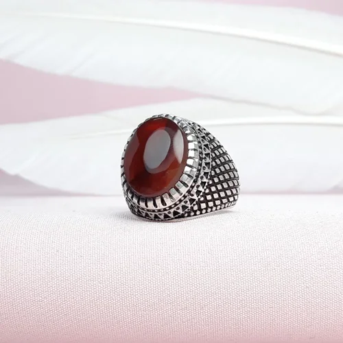 انگشترنقره عقیق یمنی سرخ رکاب طرح حصیری