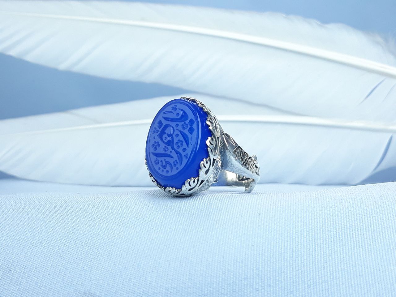 انگشتر نقره عقیق آبی یا زهرا رکاب ماشینی