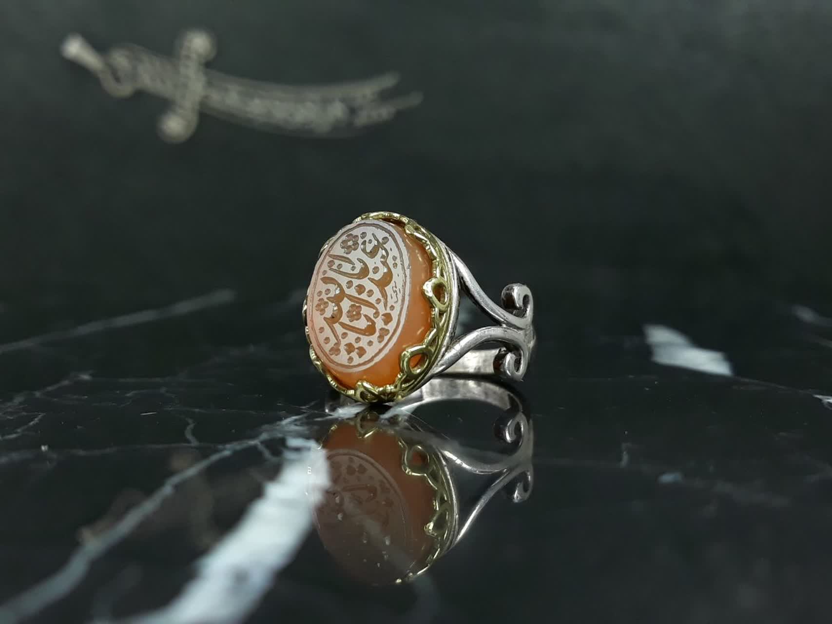 انگشتر نقره عقیق یمنی اصل حکاکی یا اباعبدالله تاج برنجی