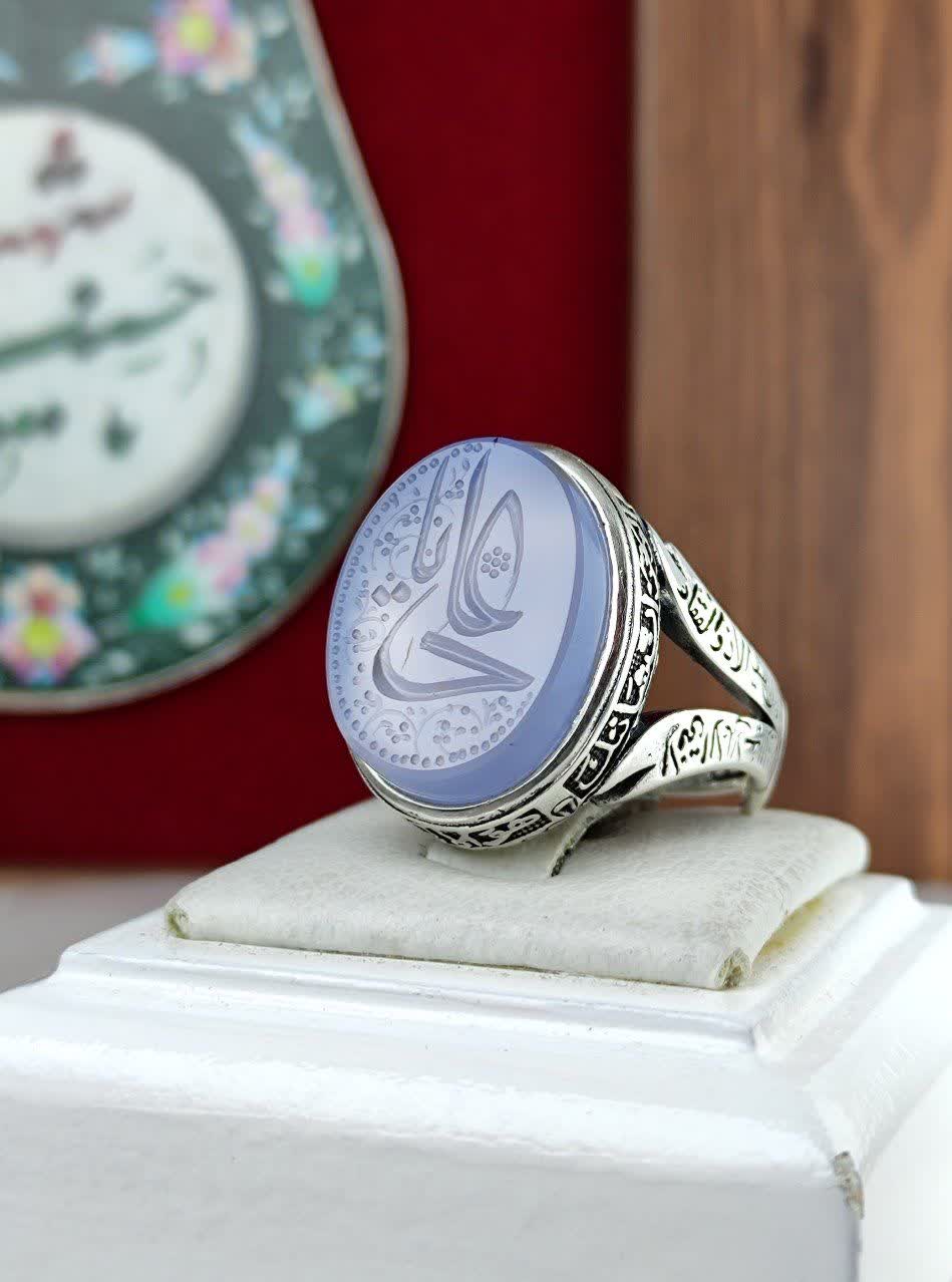 انگشتر نقره عقیق کبود یمنی اصل حکاکی علی(ع)رکاب طرح ذوالفقار